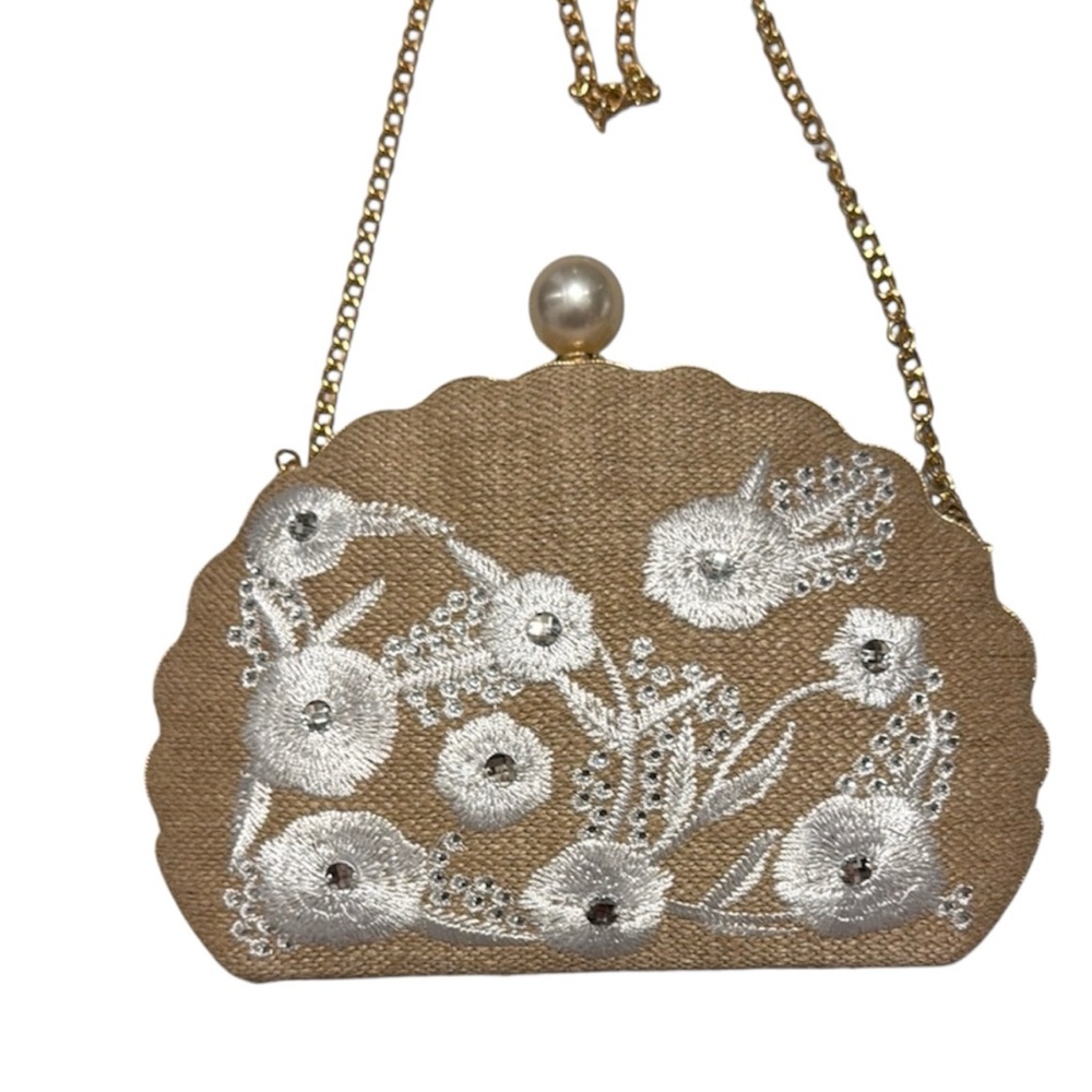 Haute Hippie Tan and White Embroidered Clutch W/ Gold Chain - NEW WITHOUT TAG